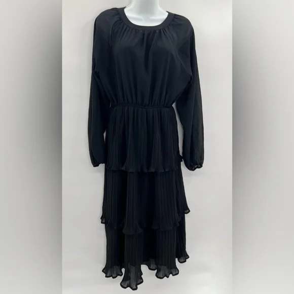 Xisoxu Black Chiffon Tiered Long Sleeve Flowy Cocktail Dress NWOT Small - Picture 3 of 5